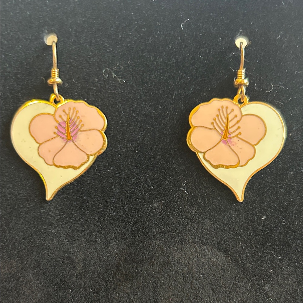 Vintage Laurel Burch Gold and Pink “Hibiscus Heart” Floral Earrings.